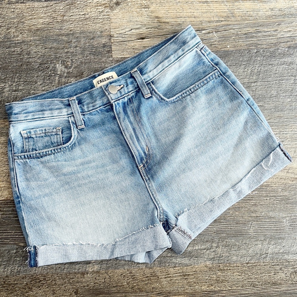 L'AGENCE medium wash cuffed hem high rise denim shorts 26